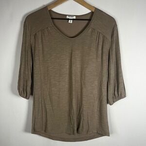 Old Navy Shirt Women XS Beige Tan Scoop Neck 3/4 Sleeve Smocked Blouse Knit Top